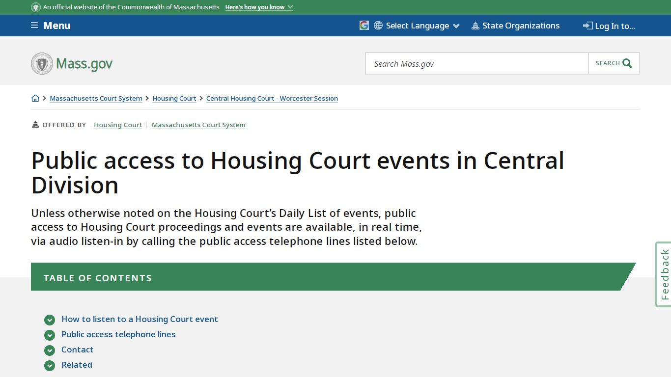 Public access to Housing Court events in Central Division